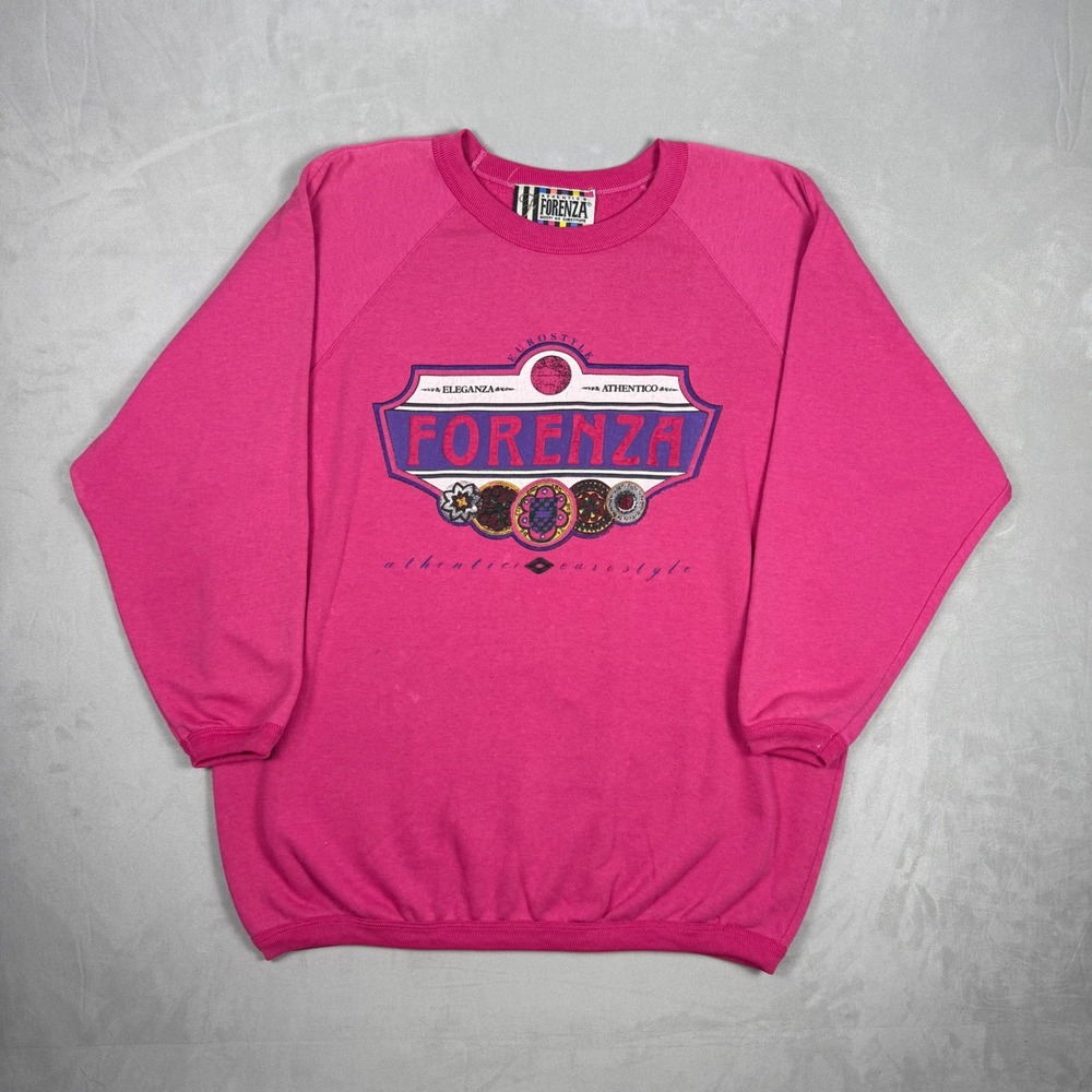 80s Womens Forenza Eurostyle Graphic Raglan Sweatshirt Pink Retro Medium